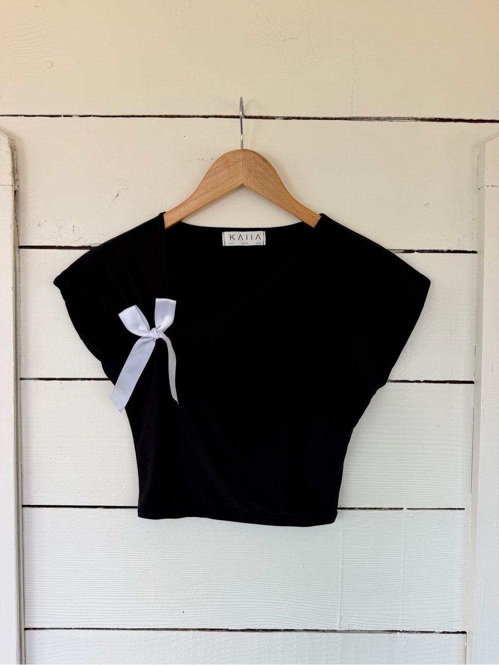 KAIIA Black Short Sleeve Crop Top with White Bow